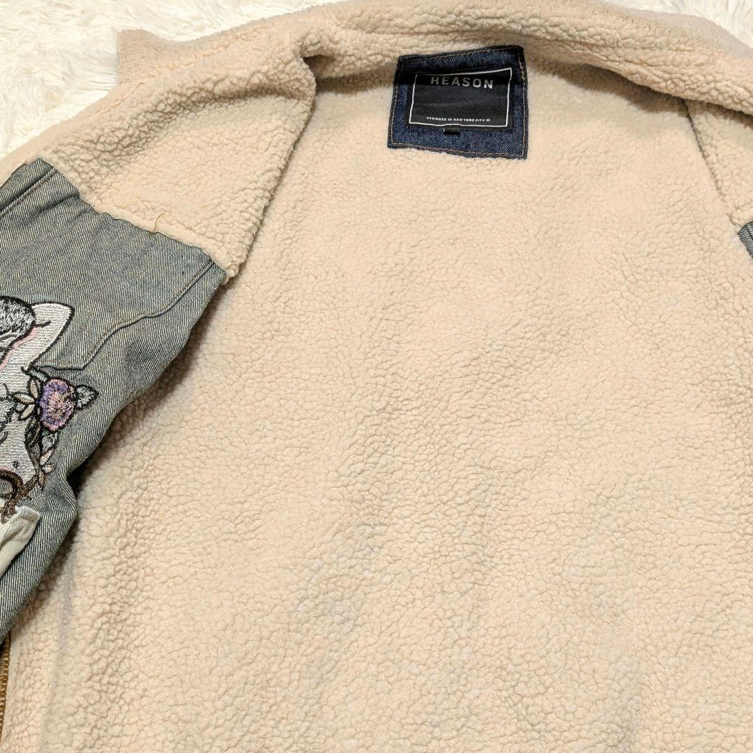 REASON 刺繍　デニムジャケット ボア襟　Lサイズ　ダメージ加工Gジャン