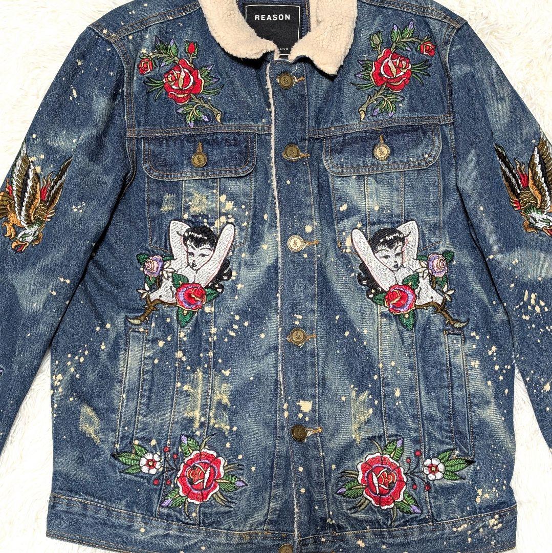 REASON 刺繍　デニムジャケット ボア襟　Lサイズ　ダメージ加工Gジャン