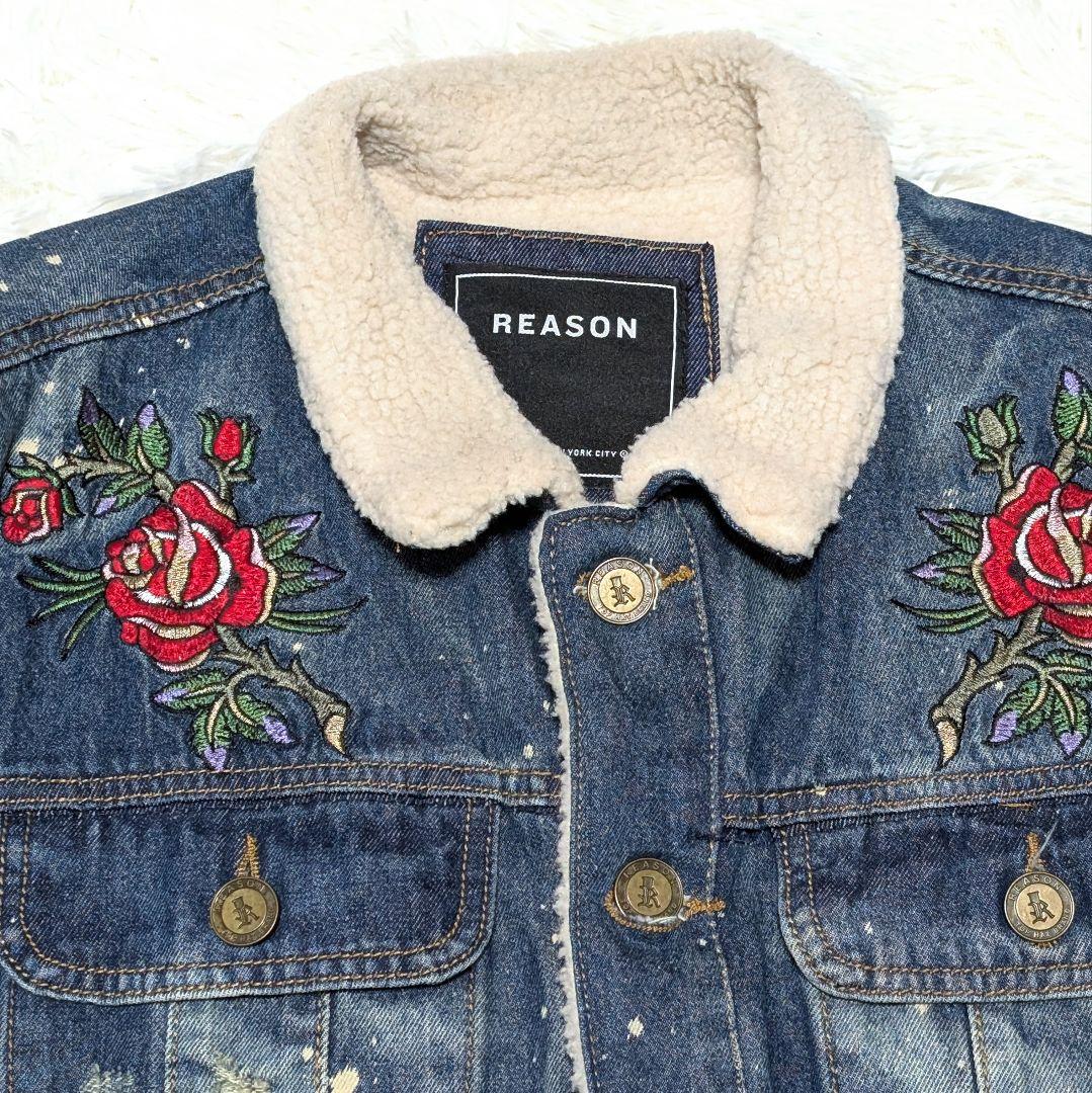REASON 刺繍　デニムジャケット ボア襟　Lサイズ　ダメージ加工Gジャン
