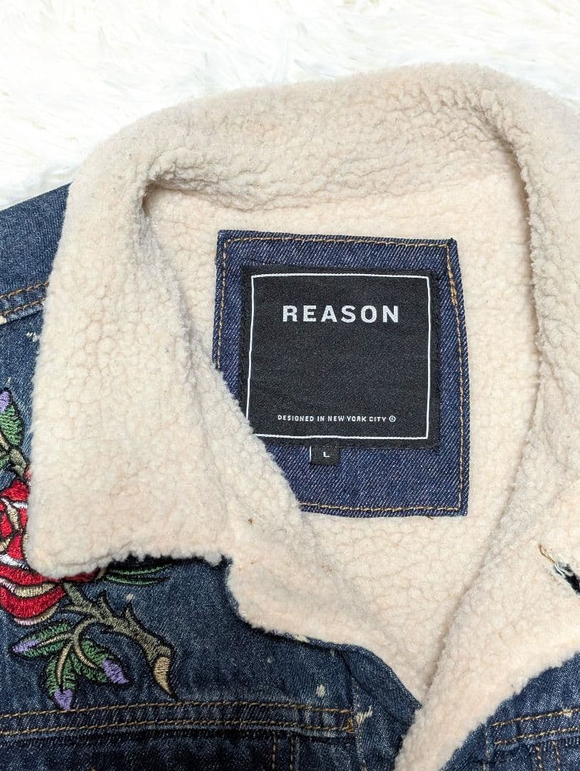 REASON 刺繍　デニムジャケット ボア襟　Lサイズ　ダメージ加工Gジャン
