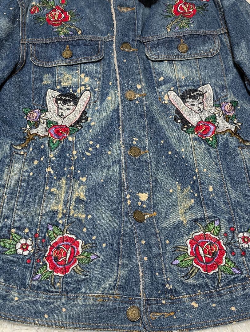 REASON 刺繍　デニムジャケット ボア襟　Lサイズ　ダメージ加工Gジャン