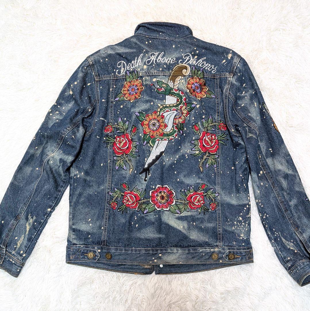 REASON 刺繍　デニムジャケット ボア襟　Lサイズ　ダメージ加工Gジャン
