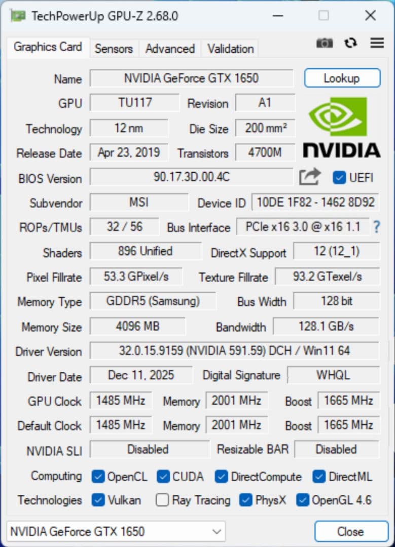 グラフィックボード・グラボ・ビデオカード MSI GeForce GTX 1650 4GB