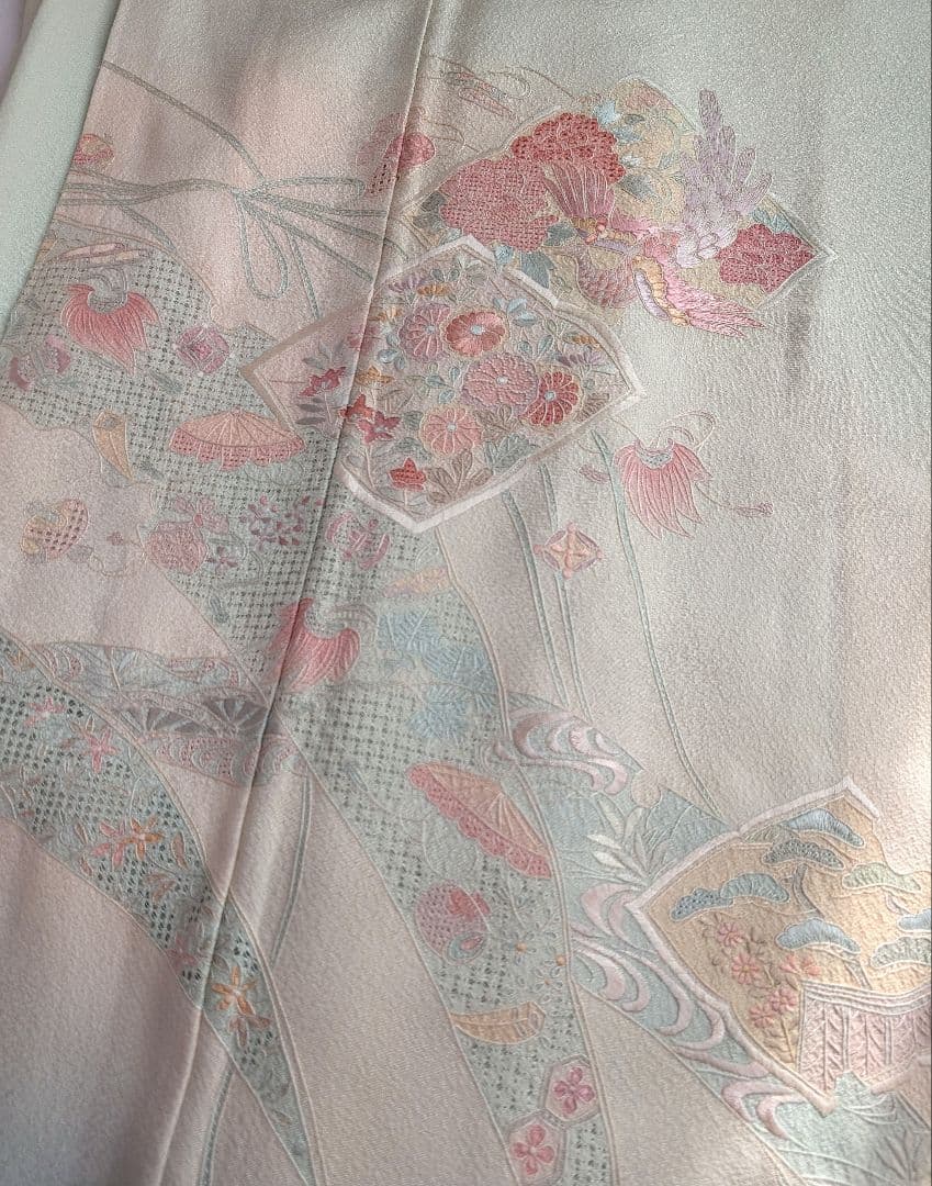 蘇州刺繍　訪問着　袋帯　セット　ぼかし染め　花鳥・宝尽くし　白緑・秘色・乙女色