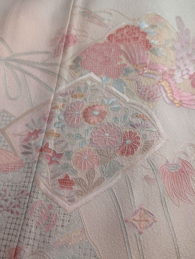 蘇州刺繍　訪問着　袋帯　セット　ぼかし染め　花鳥・宝尽くし　白緑・秘色・乙女色