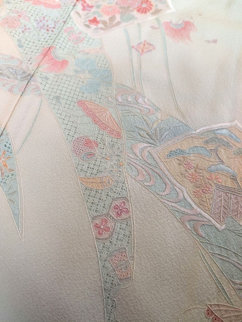 蘇州刺繍　訪問着　袋帯　セット　ぼかし染め　花鳥・宝尽くし　白緑・秘色・乙女色