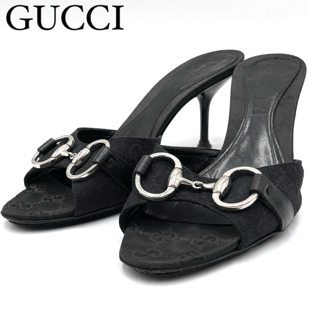 【良品】グッチ ホースビット サンダル ミュール サイズ35 GG ブラック