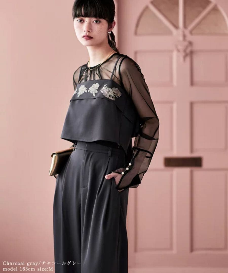 etoll. 3piece刺繍リボンビスチェ＆タックワイドパンツセットアップ
