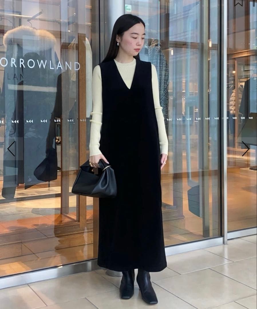 完売 MACPHEE コットンポリエステル ベロア Vネックワンピース