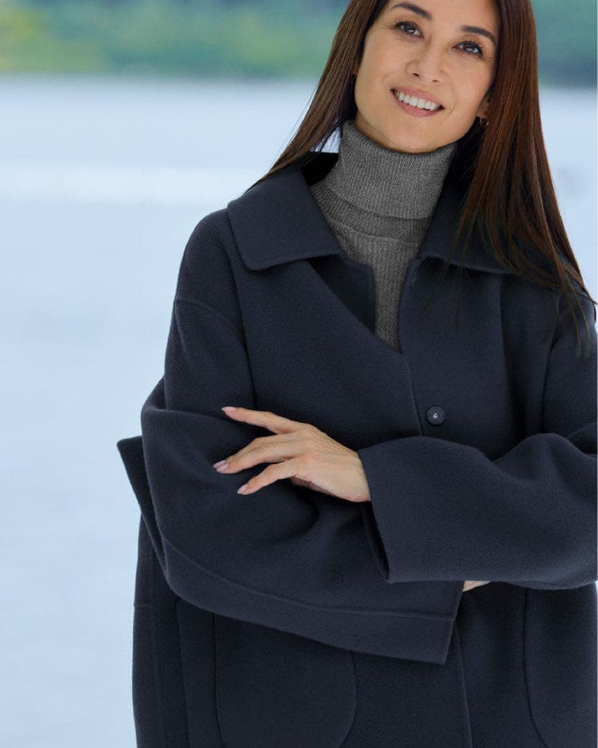 ドゥクラッセ　カシミヤ混ウールリバーステンカラーコート　ネイビー　サイズ9