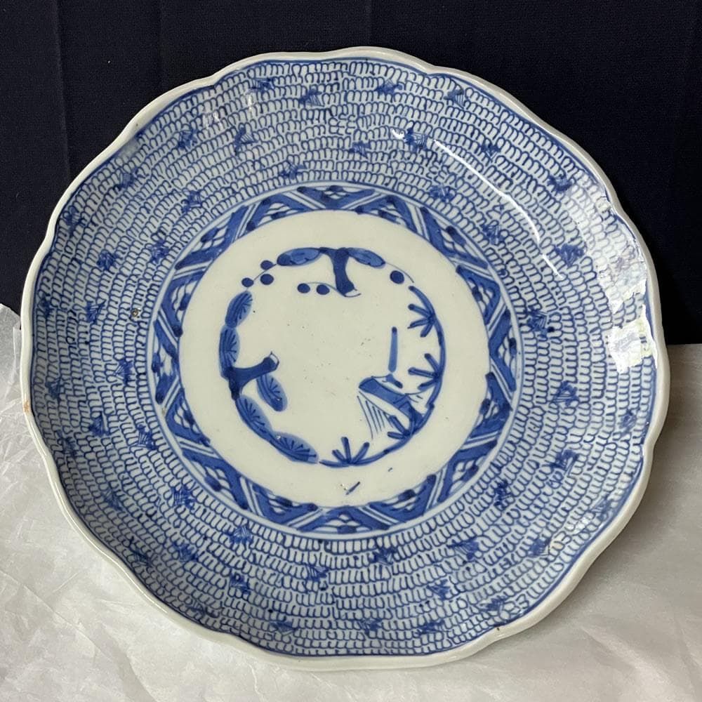 y033 古伊万里 染付 微塵唐草 七寸皿 5枚 太明成化年製 輪花縁