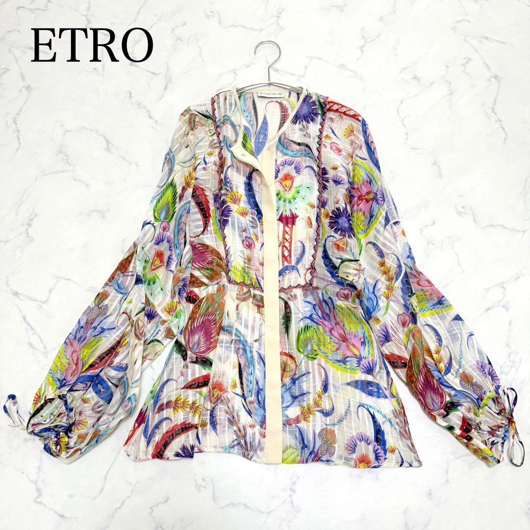 未使用級✨エトロ✨シルク　ボタニカル柄シアーブラウス（M）ビーズ　馬　お袖リボン