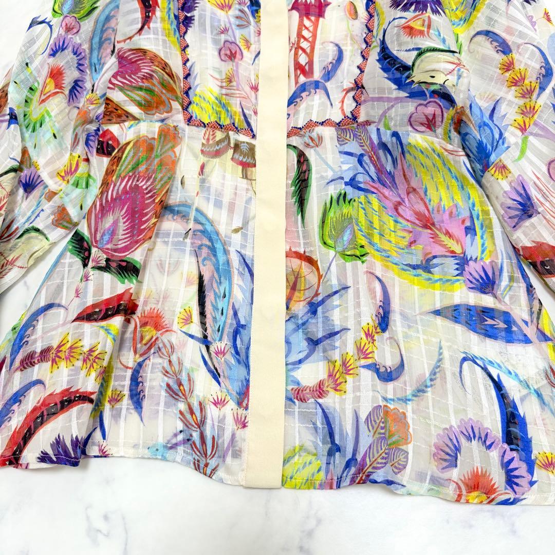 未使用級✨エトロ✨シルク　ボタニカル柄シアーブラウス（M）ビーズ　馬　お袖リボン