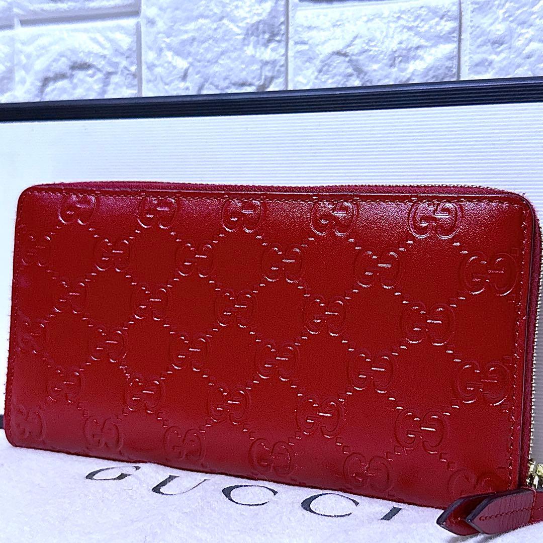【未使用級】GUCCI 長財布 GG シマレザー ラウンド レディース 赤