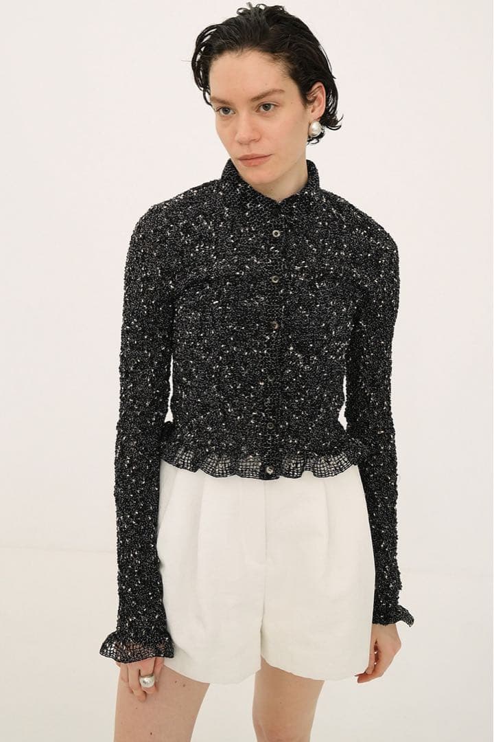 トップス CLANE MIX MESH GATHER SHIRT