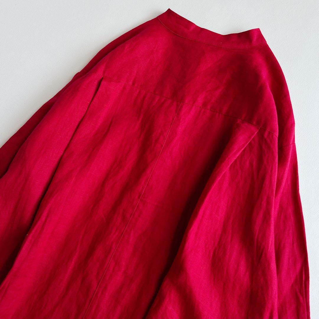 新品 OMEKASI ⿻ リネン バンドカラーワンピース ルーズ 赤 ゆったり