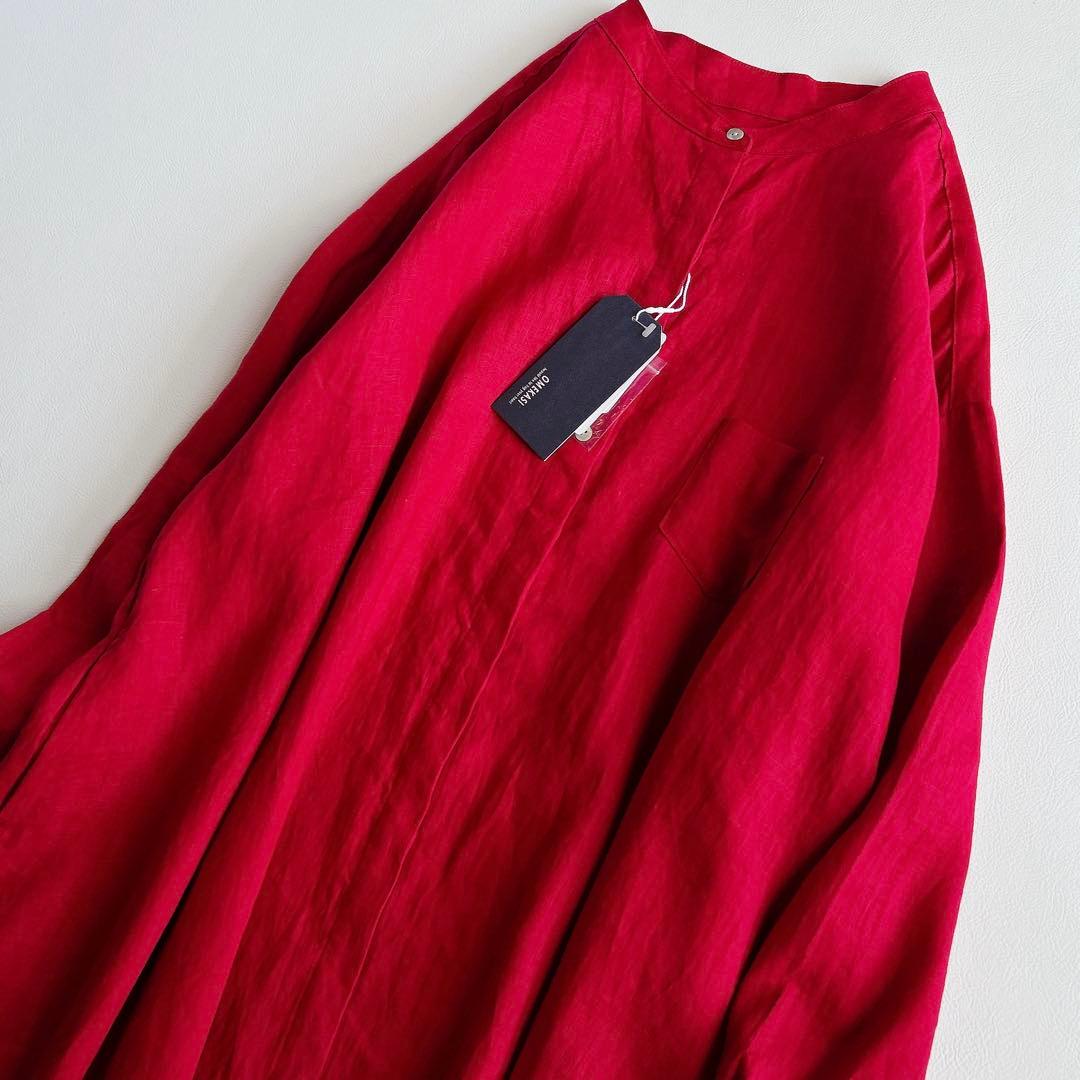 新品 OMEKASI ⿻ リネン バンドカラーワンピース ルーズ 赤 ゆったり