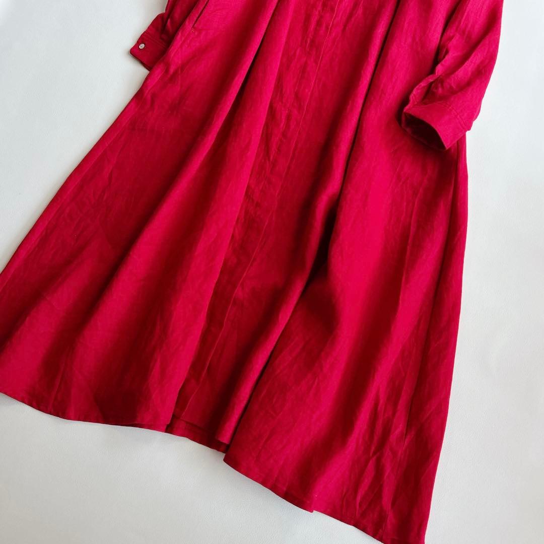 新品 OMEKASI ⿻ リネン バンドカラーワンピース ルーズ 赤 ゆったり