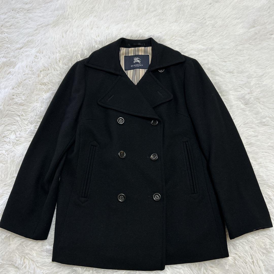 バーバリーロンドン ウール ピーコート ロゴボタン ストライプ裏地 9 ブラック
