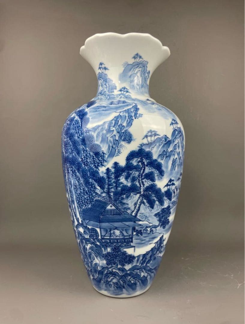 有田焼名工 緒方松右衛門 染付山水文 大花瓶 桔梗渕 飾壷 花器 花入 和風