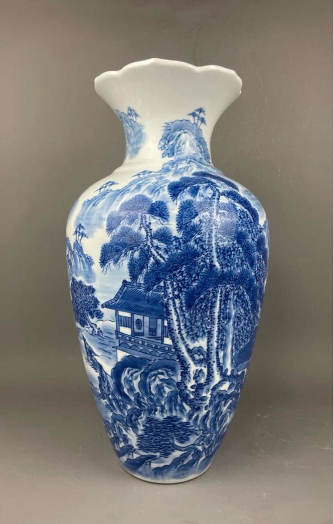 有田焼名工 緒方松右衛門 染付山水文 大花瓶 桔梗渕 飾壷 花器 花入 和風