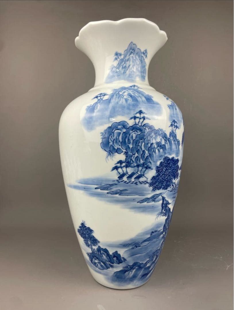 有田焼名工 緒方松右衛門 染付山水文 大花瓶 桔梗渕 飾壷 花器 花入 和風