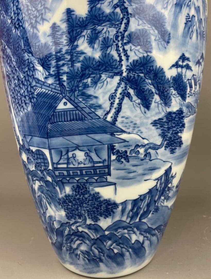 有田焼名工 緒方松右衛門 染付山水文 大花瓶 桔梗渕 飾壷 花器 花入 和風