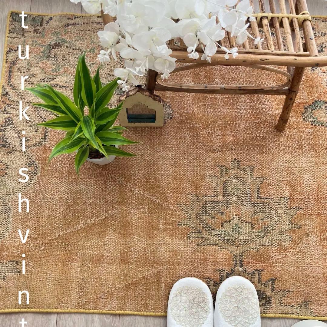 オレンジイエロー80×126グリーン　accentrug トルコヴィンテージラグ