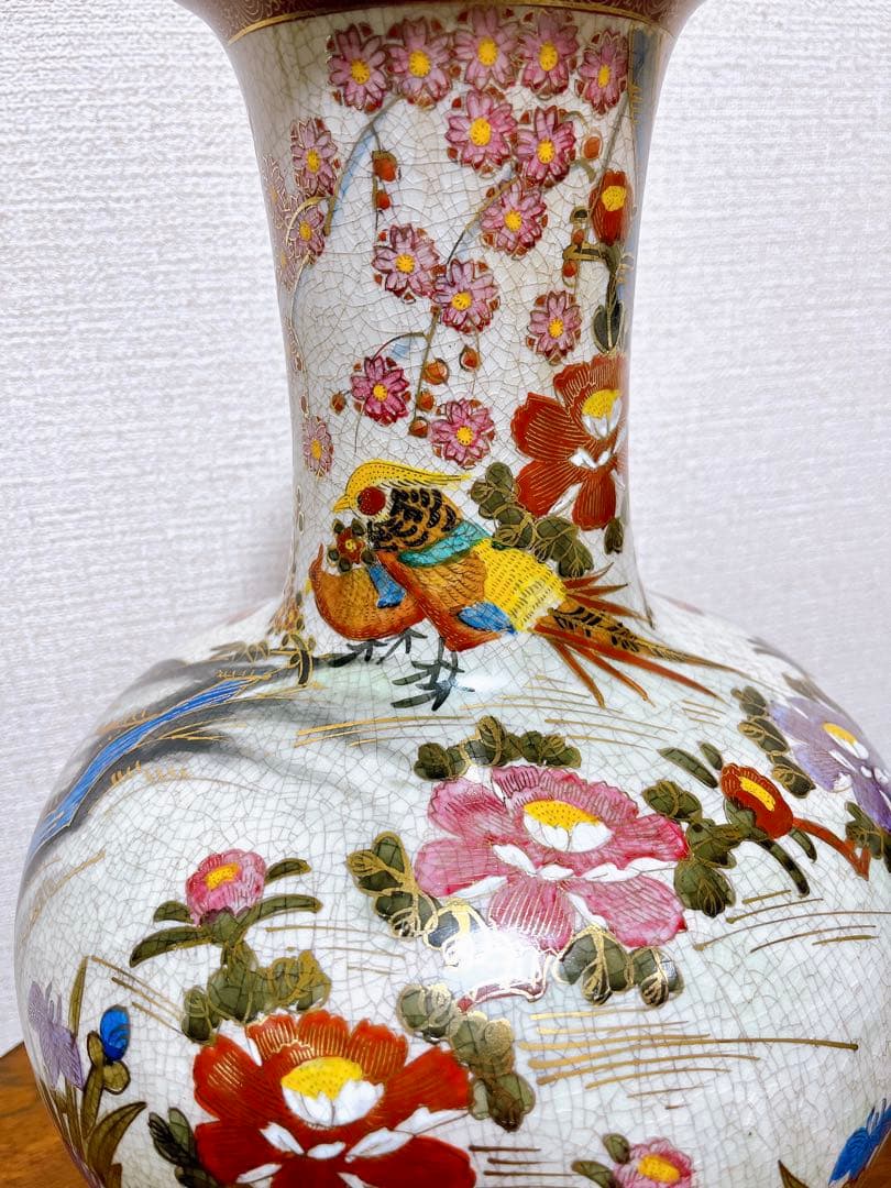 貴重 薩摩焼 色絵金彩花鳥細密絵付大花瓶 高さ39㎝ 勇仙 古美術品