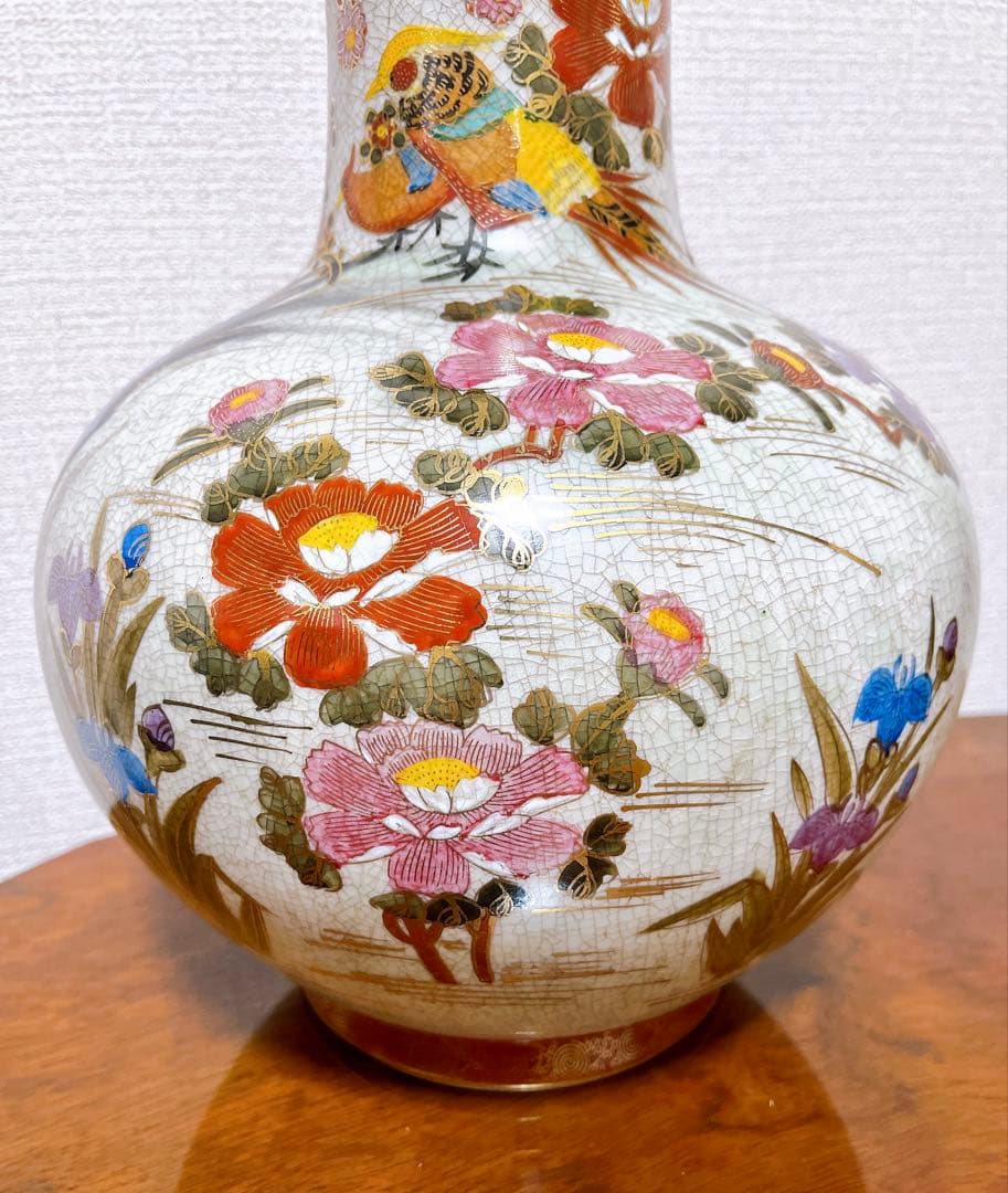 貴重 薩摩焼 色絵金彩花鳥細密絵付大花瓶 高さ39㎝ 勇仙 古美術品