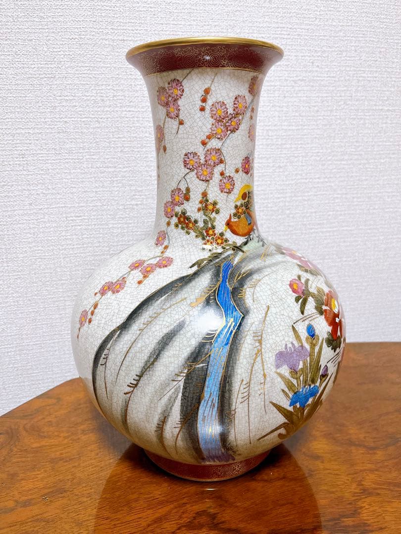貴重 薩摩焼 色絵金彩花鳥細密絵付大花瓶 高さ39㎝ 勇仙 古美術品