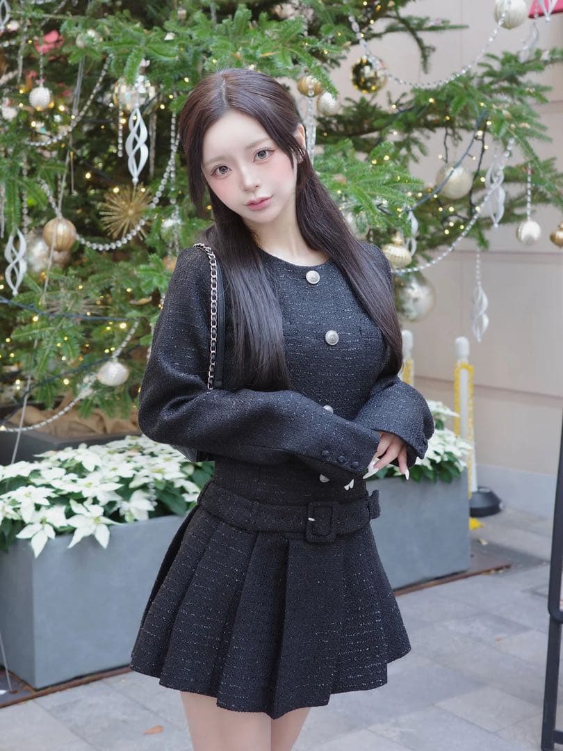 FL 黒 darich ダーリッチ ボックスプリーツツイードミニワンピース