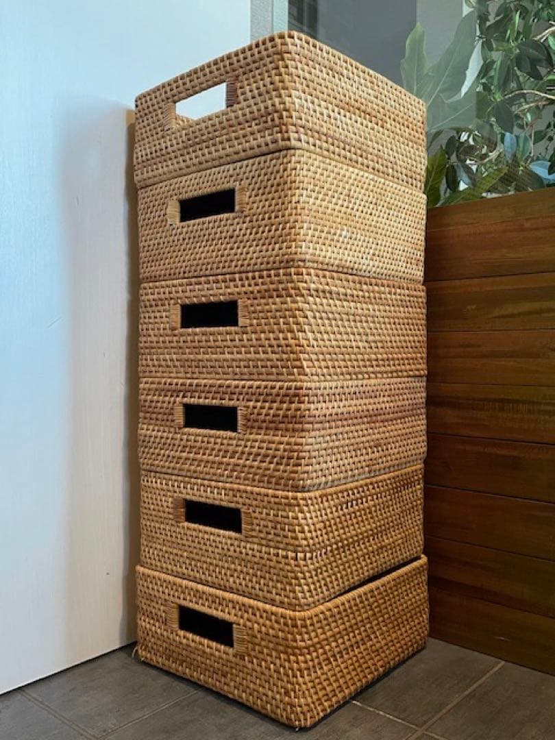 超美品■MUJI/無印良品 重なるラタン角型バスケット/中　6個セット籐かご/籠