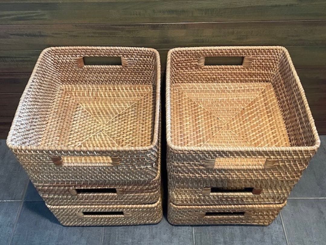 超美品■MUJI/無印良品 重なるラタン角型バスケット/中　6個セット籐かご/籠