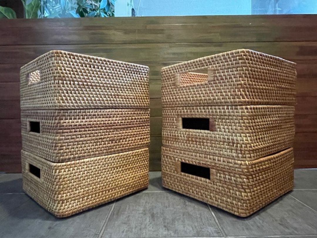 超美品■MUJI/無印良品 重なるラタン角型バスケット/中　6個セット籐かご/籠