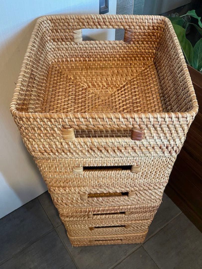超美品■MUJI/無印良品 重なるラタン角型バスケット/中　6個セット籐かご/籠