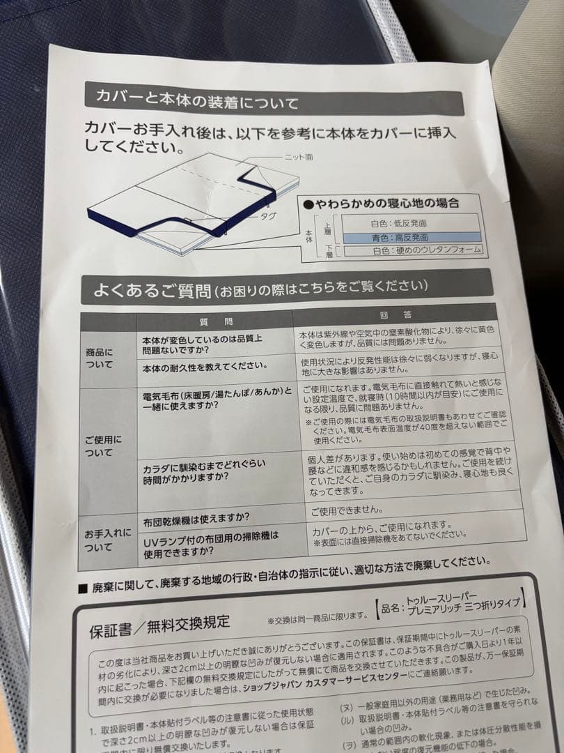 トゥルースリーパー プレミアリッチ三つ折り 柔らかめ低反発マットレス シングル