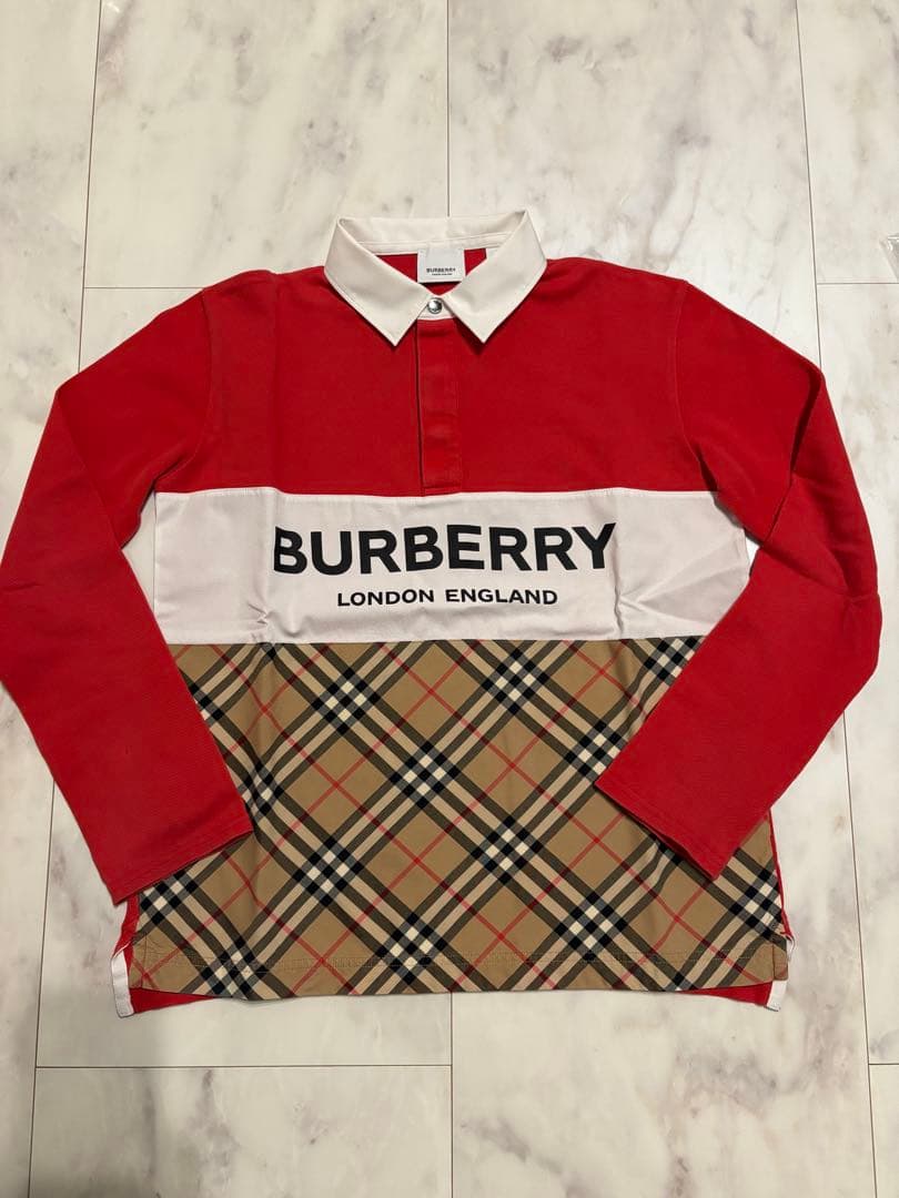 大人もOK バーバリー　キッズ　14Y 赤✖️チェック柄　長袖ポロシャツ