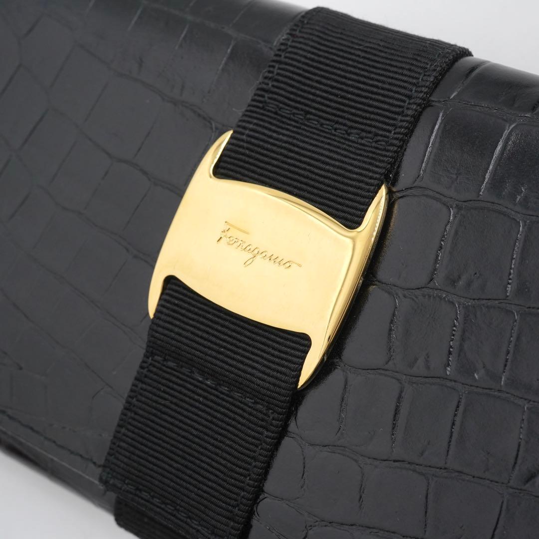 ✨新品未使用・箱付き✨　Ferragamo 長財布　ヴァラリボン　クロコ　黒色