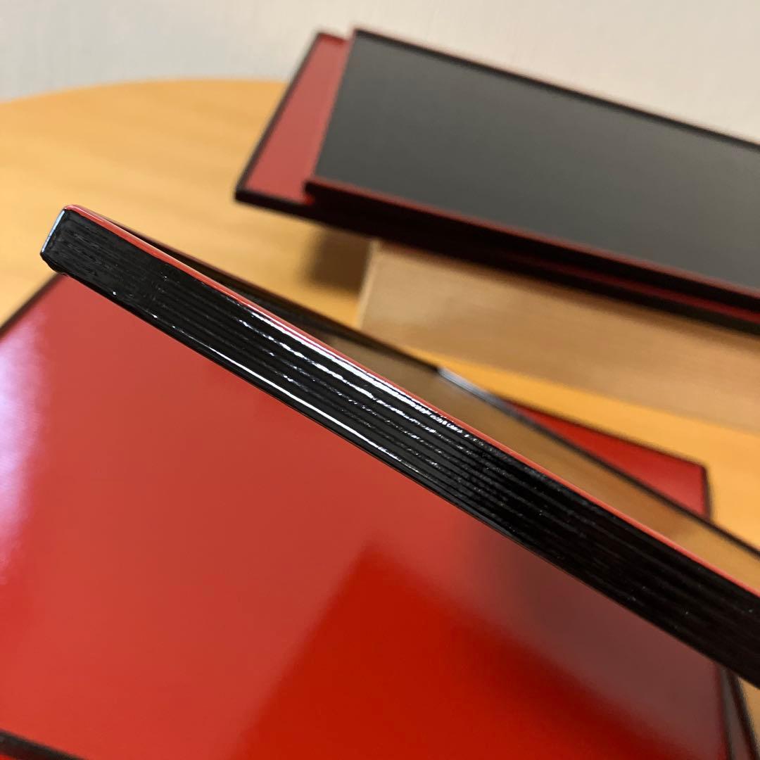 越前　河和田塗　卓上膳　折敷　千筋　リバーシブル仕様　両面長角膳　黒朱　5P