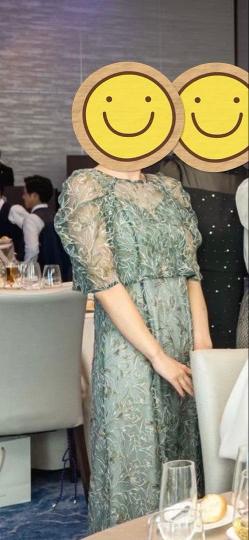 【参列ドレス】刺繍レースレイヤードドレス S /グリーン