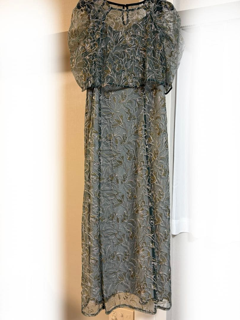 【参列ドレス】刺繍レースレイヤードドレス S /グリーン