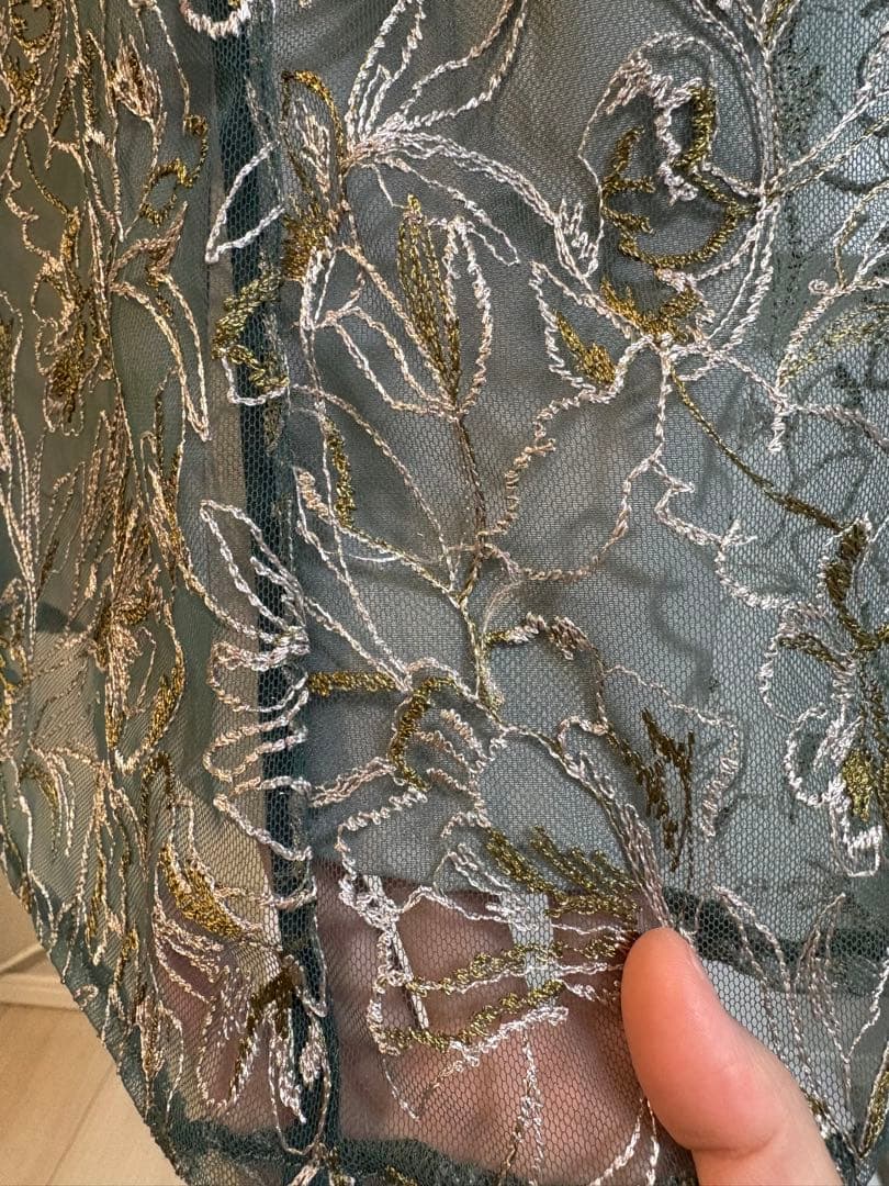 【参列ドレス】刺繍レースレイヤードドレス S /グリーン