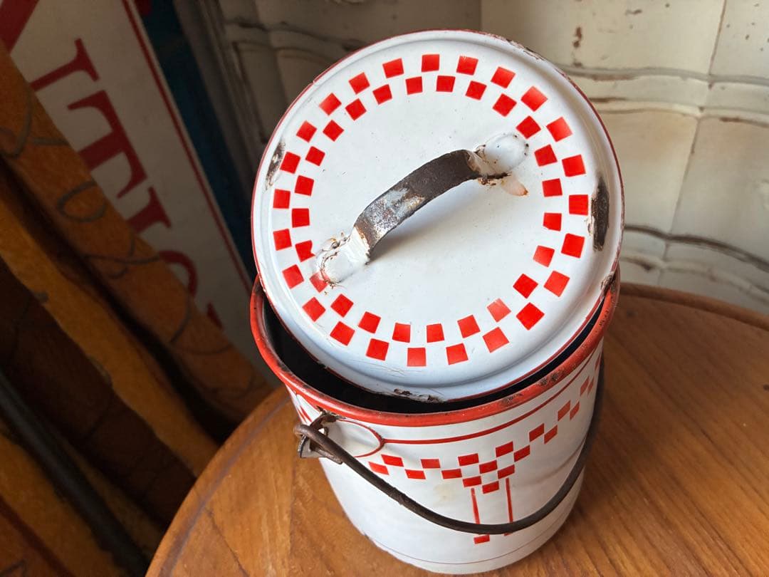 フランス　アンティーク　ホーロー　ストッカー　キャニスター　ダミエ　市松　レア