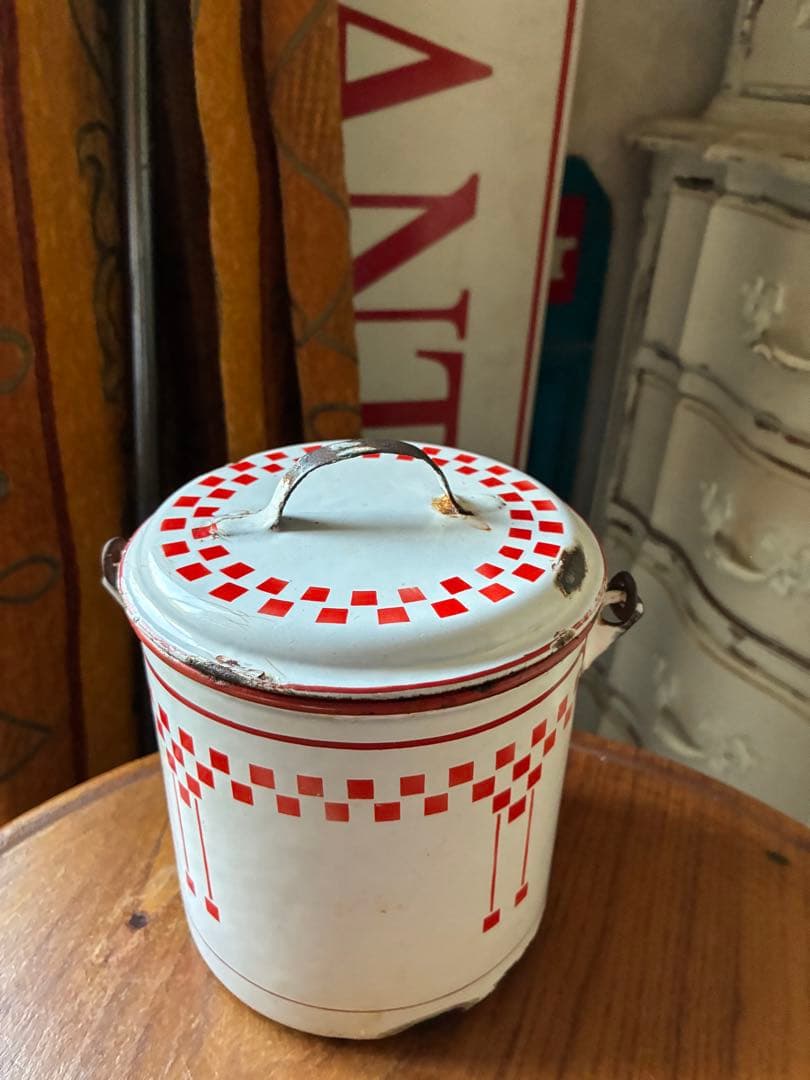 フランス　アンティーク　ホーロー　ストッカー　キャニスター　ダミエ　市松　レア