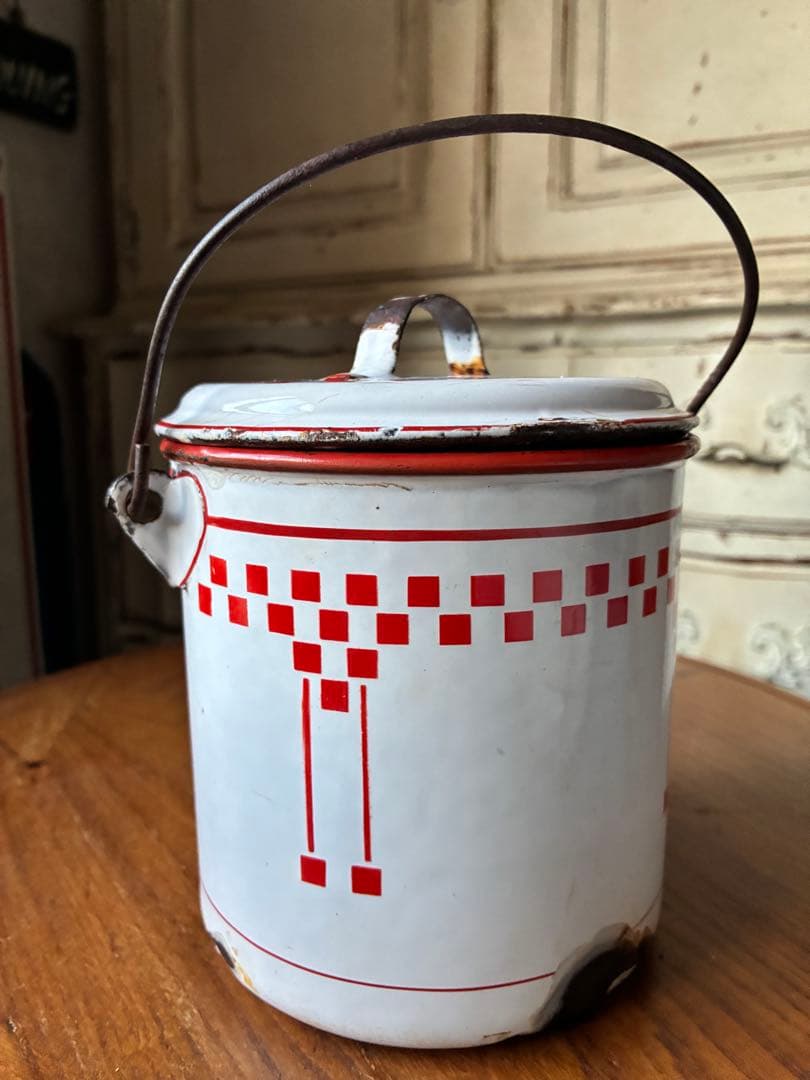 フランス　アンティーク　ホーロー　ストッカー　キャニスター　ダミエ　市松　レア