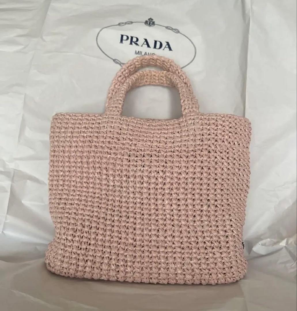 PRADA プラダ スモール クロシェ トートバッグ ラフィア ピンク