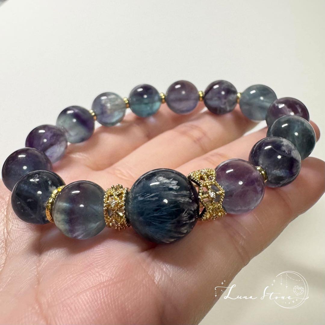 【ブルーフェザーインフローライト】透明感あふれる青の羽模様 天然石 ブレスレット