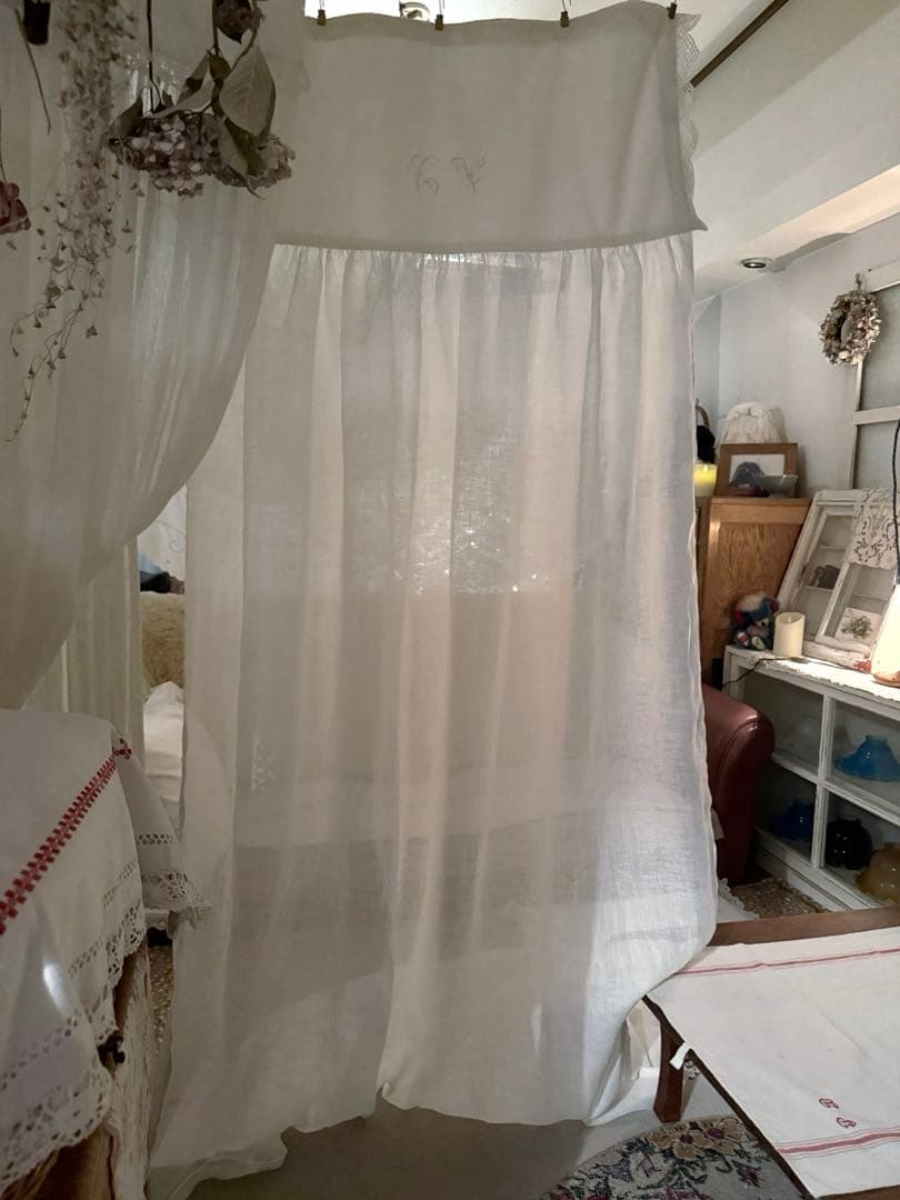 ご相談中ஐ⋆*フランスアンティークモノグラム入り・ナチュラルリネンカーテン