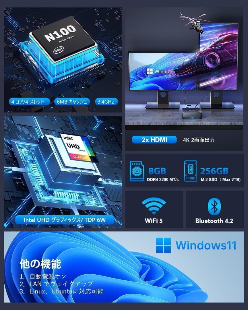 最大3.4GHz 4C4T 8GB 256GB ミニpc n100